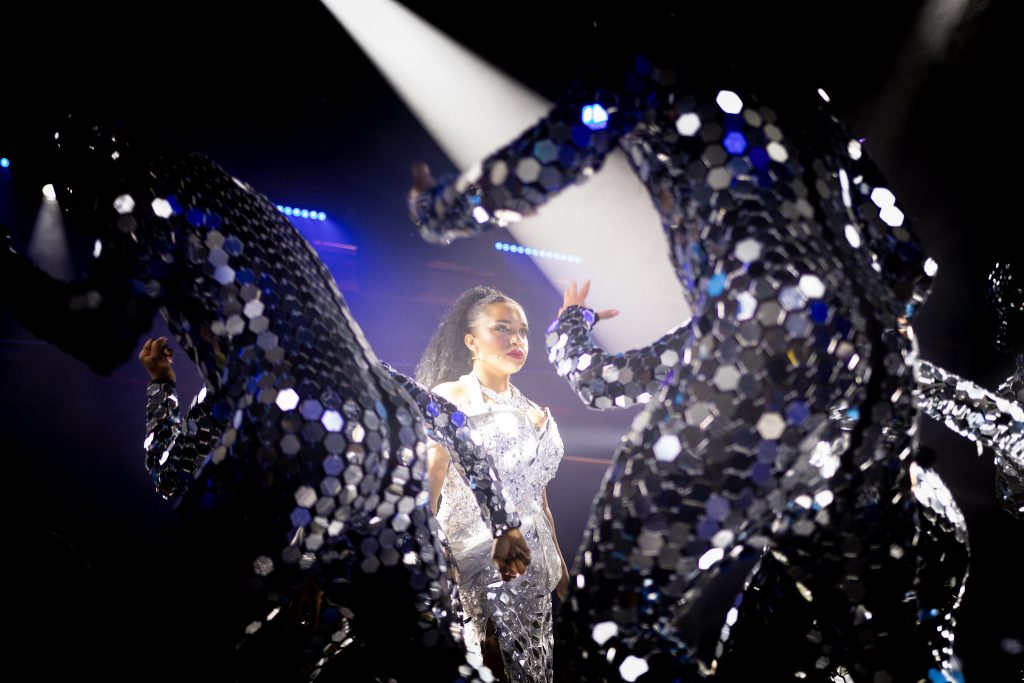 Performer framed by mirrored sequins and spotlights