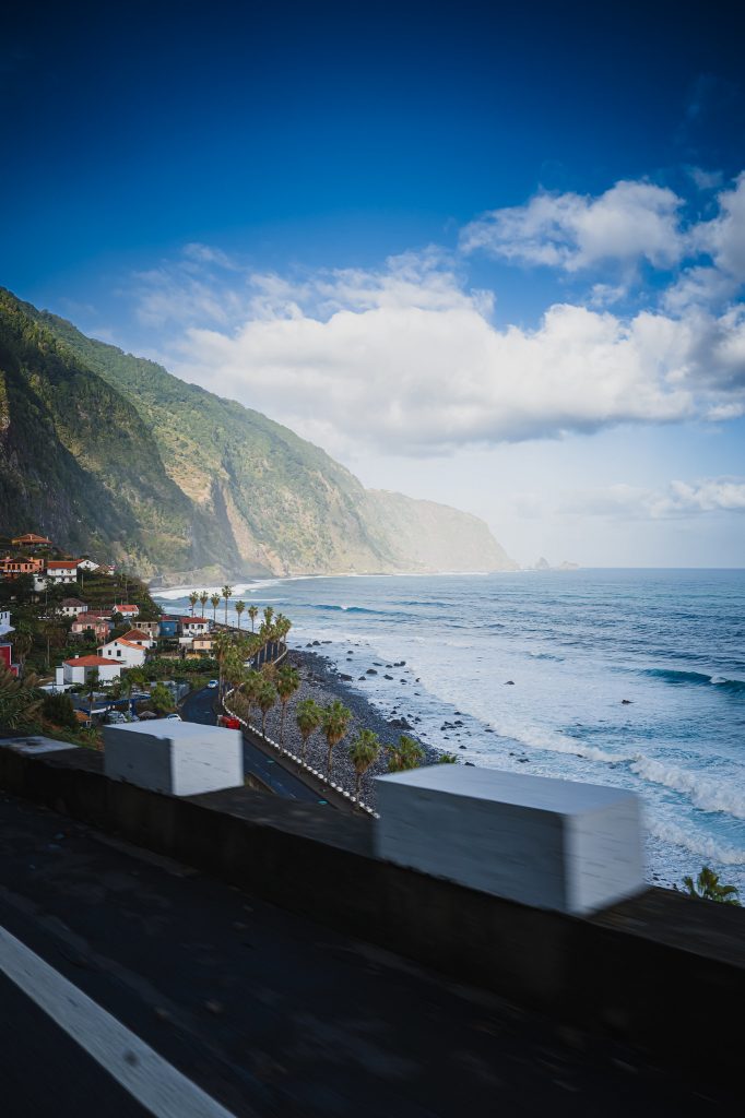 Waves breaking along a steep volcanic coastline
