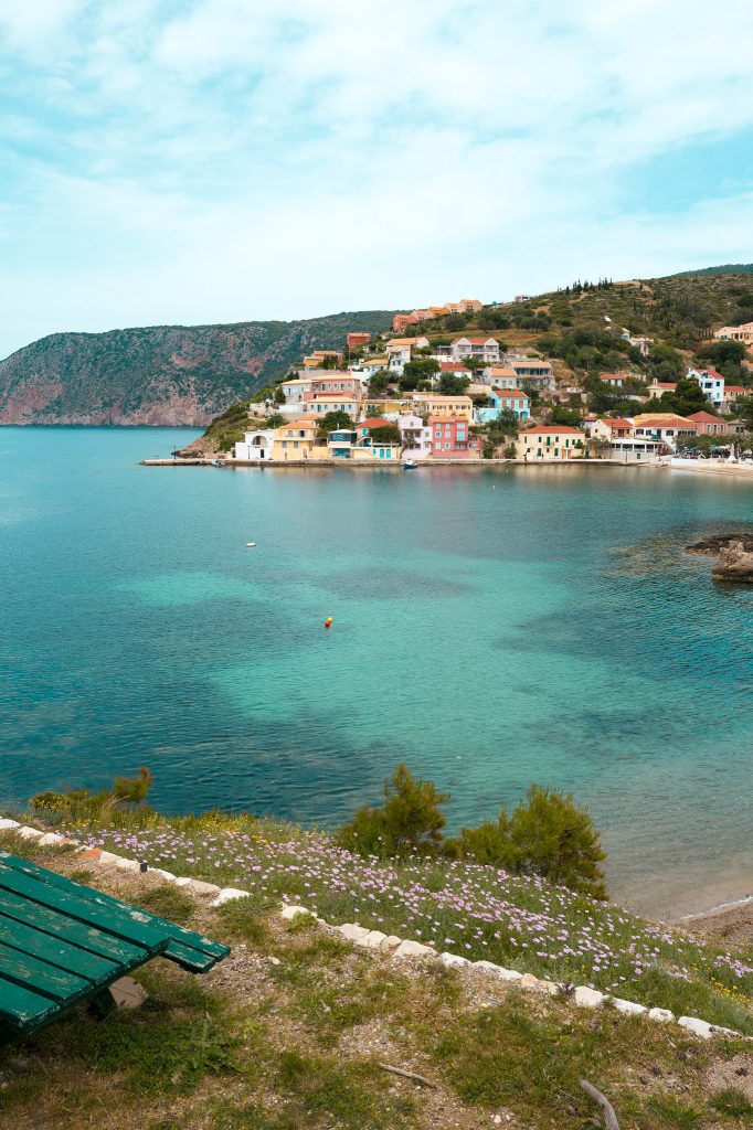 Hillside village overlooking a turquoise bay