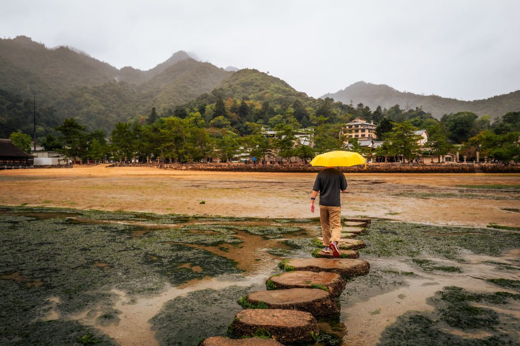 Person crossing stepping stones on a beach beneath green mountains